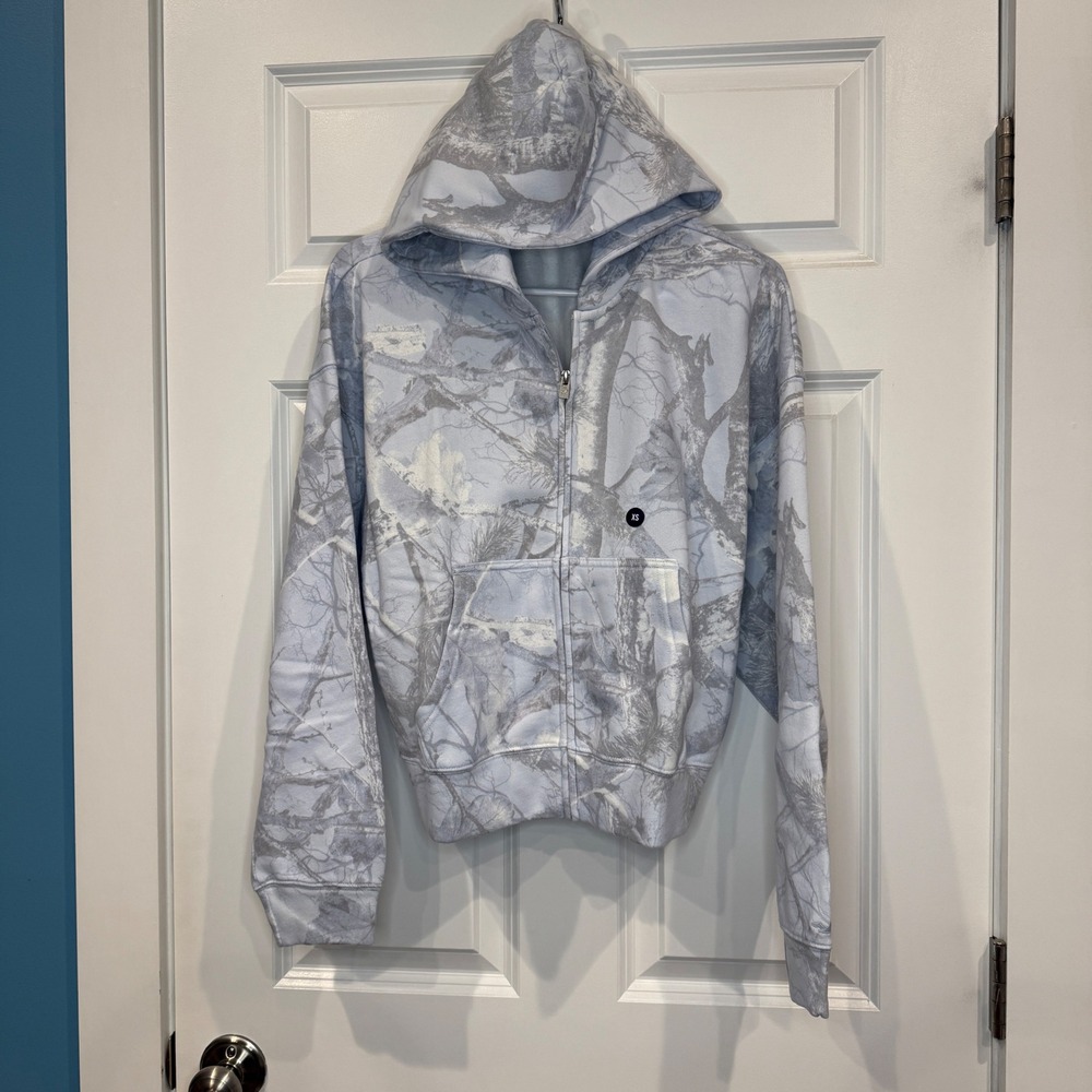 Hollister Womens Blue Grey Tree Camo Full Zip Fleece Hoodie Sweatshirt Size XS